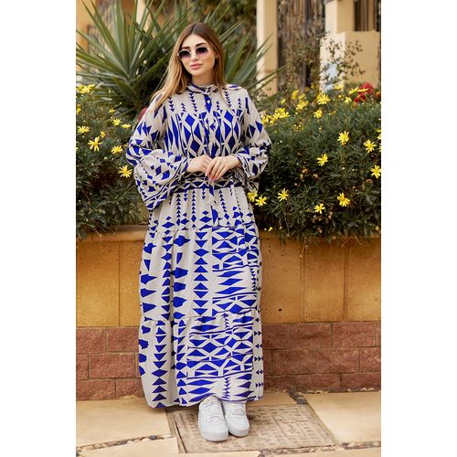 فستان بتصميم أنيق بأكمام طويلة لون أزرق | Rania Gamal | ازدهار 123