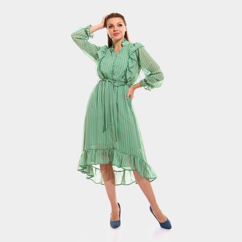 Menta By Coctail Buttoned V-Neck Ruffle Green Chiffon Dress | كنزي محمد | ازدهار 123