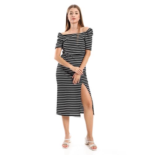Kady Striped Casual Dress With Side Slits - Black & White | كنزي محمد | ازدهار 123