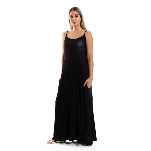 Kady Spaghetti Sleeves Long Dress with Side Pockets - Black | كنزي محمد | ازدهار 123