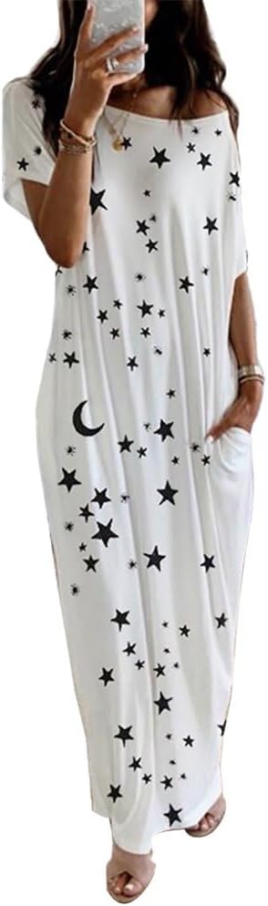 فستان نوم نسائي طويل الأكمام مطبوع بنقشة نجوم يومية مائل الكتفين فستان نوم طويل للسيدات | nana | ازدهار 123