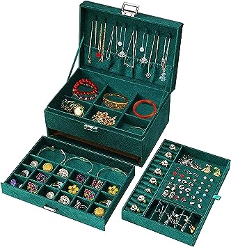 صندوق منظم للمجوهرات والميكب من 3 طبقات، حامل مجوهرات مزود بقفل بلون (اخضر بريميوم) مناسب للمجوهرات  | Accesso r ies | ازدهار 123